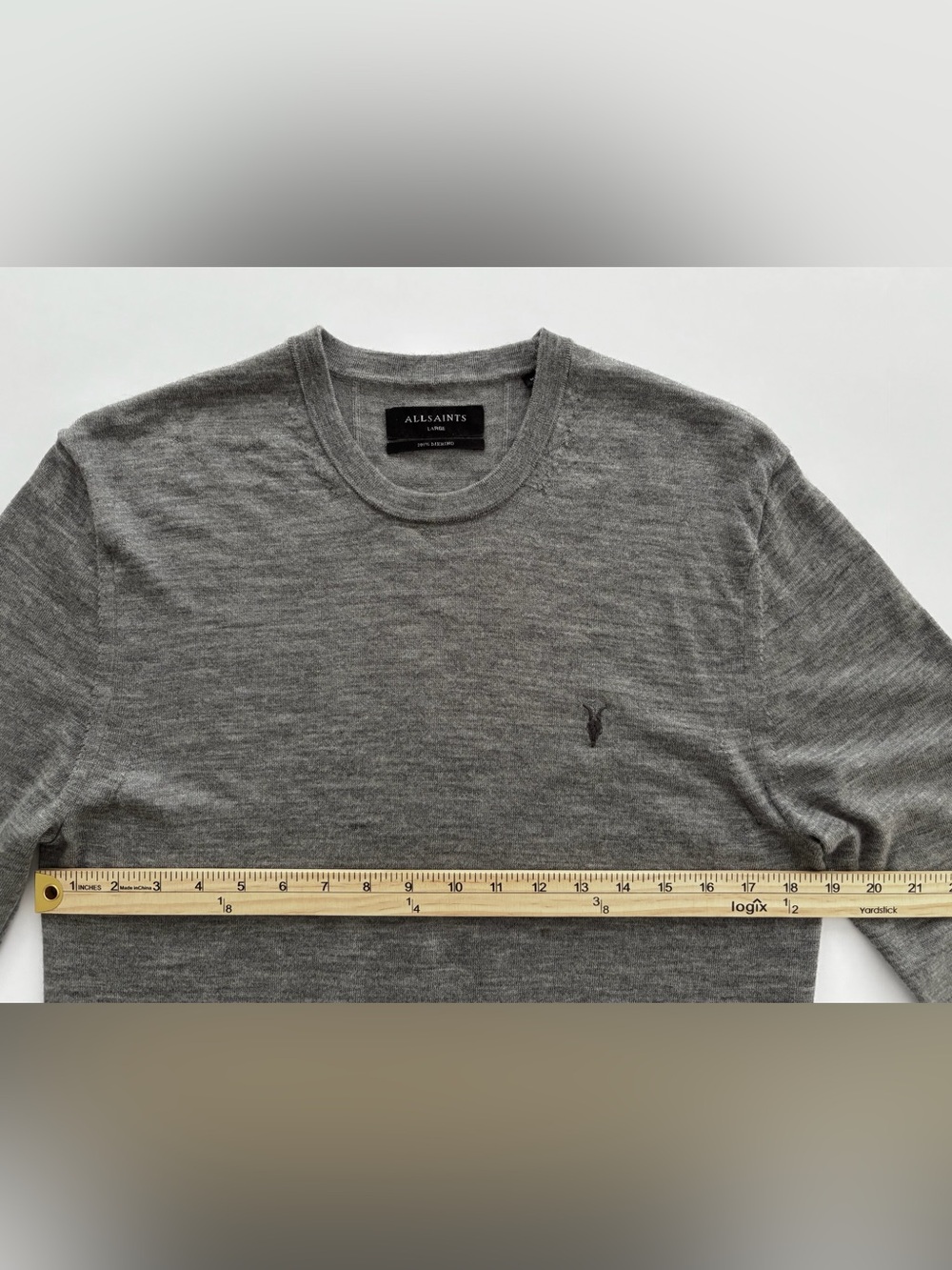 AllSaints 100% Merino Wool Gray Crewneck Sweater Men’s Size Large Lightweight - Picture 5 of 8
